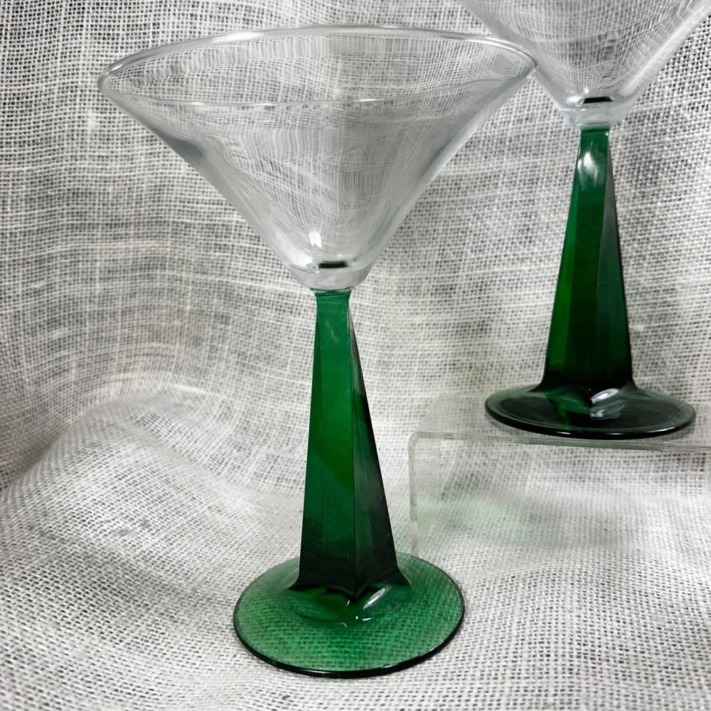 Bombay Emerald Green Twisted Pyramid Stem Martini Glasses Set of 3 Vintage
